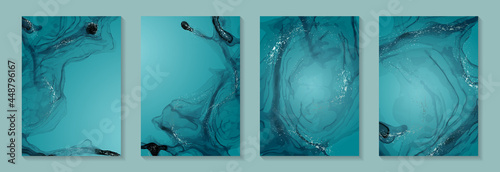 Modern watercolor background or elegant card design for birthday invite or wedding or menu with abstract teal blue ink waves and silver splashes.