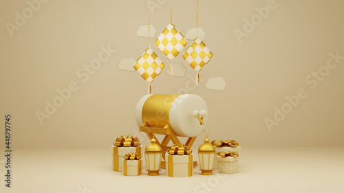 Islamic display decoration composition with 3d traditional bedug drum gift boxes and arabic lanterns