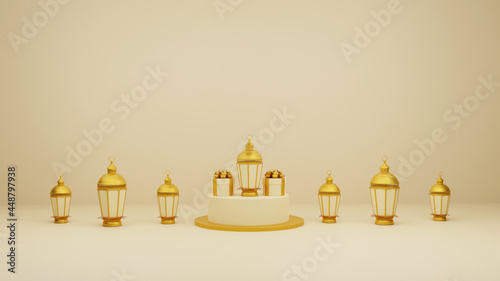 Islamic display decoration composition with 3d traditional bedug drum gift boxes and arabic lanterns