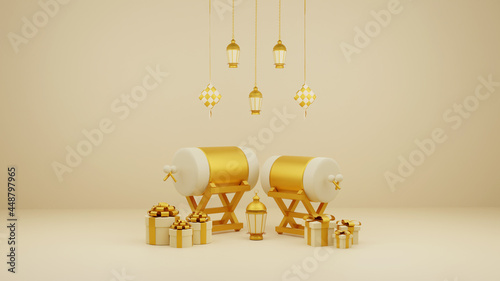 Islamic display decoration composition with 3d traditional bedug drum gift boxes and arabic lanterns