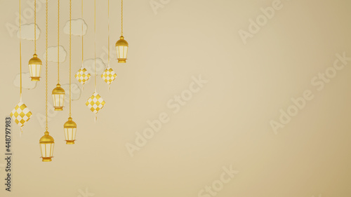 Islamic display decoration composition with 3d traditional bedug drum gift boxes and arabic lanterns