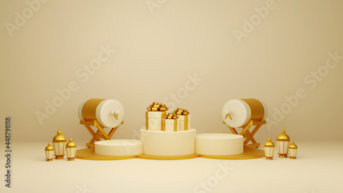 Islamic display decoration composition with 3d traditional bedug drum gift boxes and arabic lanterns