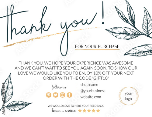 Vector illustration of a thank you card for business. Elegant card for decorating handmade products