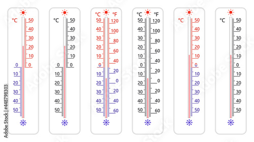Set of Celsius and Fahrenheit thermometers on white background. Vector illustration.