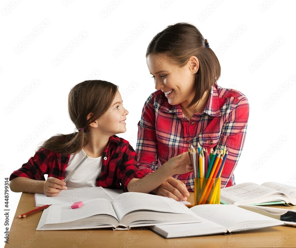 Woman and child learn.