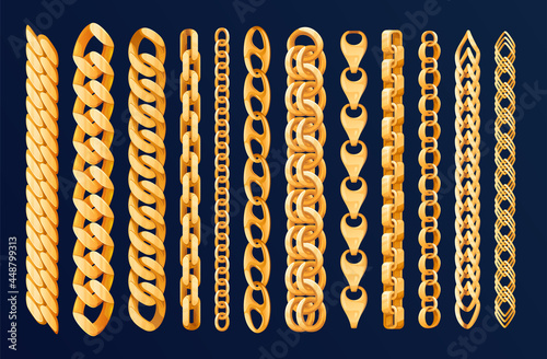 Set of gold chains of different shapes, weaves, sizes. Vector illustration