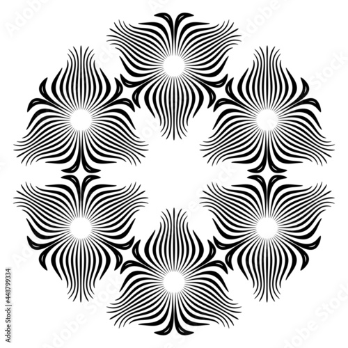 circular black and white floral pattern. abstract ornament. element, henna, tattoo, embroidery, pattern, print.