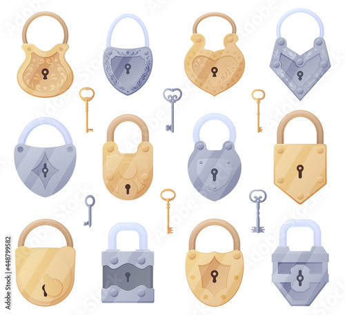 Set of old locks of different shapes, keys. Vector illustration