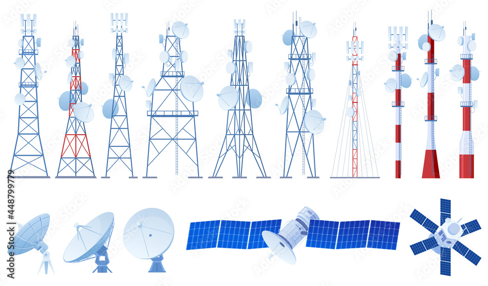 A set of various radio towers, antennas, satellites. 5G. Internet, Radio signal. Vector illustration