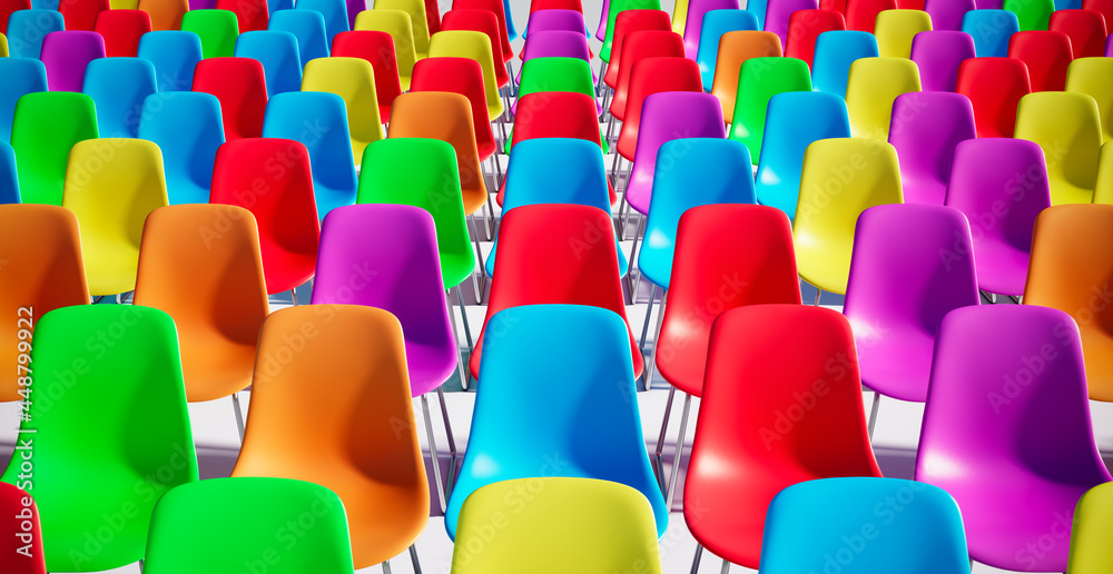 Obraz premium Group of rainbow colored chairs - 3D Illustration