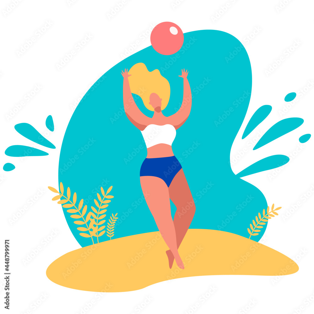 Young woman on the beach playing with ball. Vector illustration in flat cartoon style. Young woman on the beach playing with ball. Vector illustration in flat cartoon style.