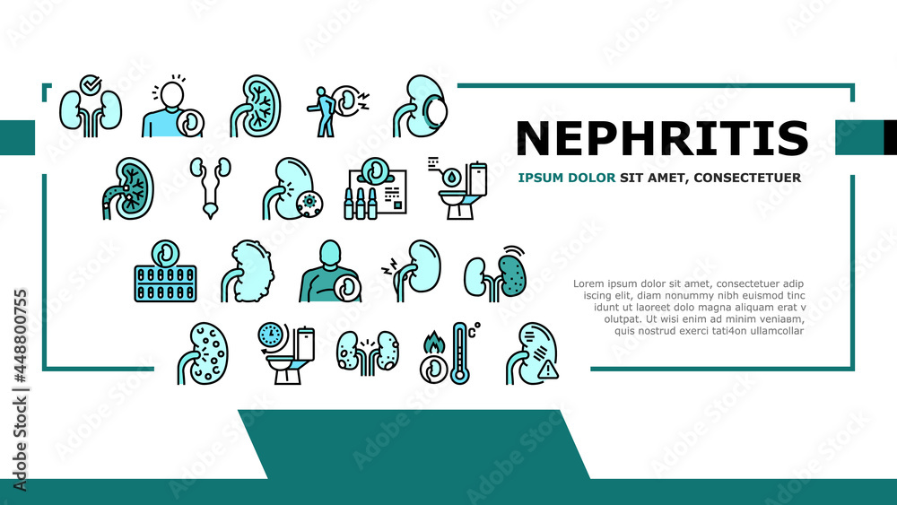 Naklejka premium Nephritis Kidneys Landing Web Page Header Banner Template Vector. Kidneys Stones And Infection, Cancer And Cyst, Bloody Urine And Frequent Urination Illustration