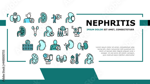 Nephritis Kidneys Landing Web Page Header Banner Template Vector. Kidneys Stones And Infection, Cancer And Cyst, Bloody Urine And Frequent Urination Illustration