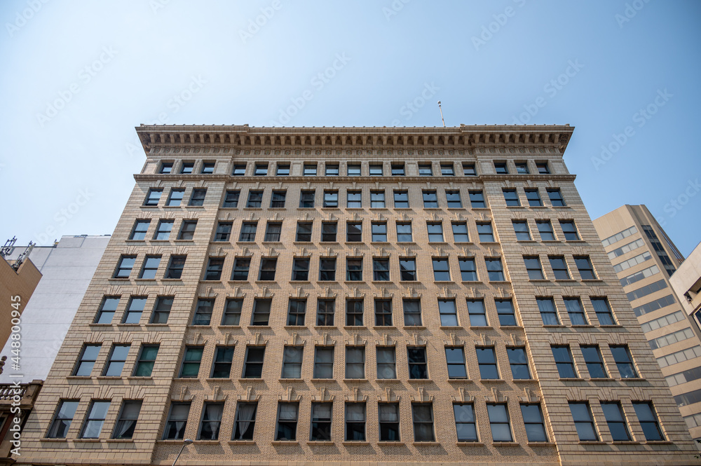 Looking up view of Edmonton's historic downtown office buildings.