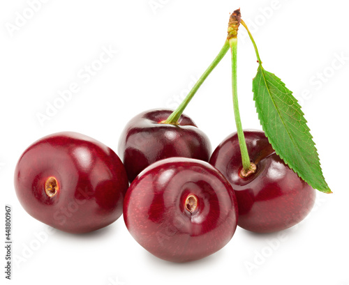 red cherry fruits with green leaf isolated on white background. clipping path