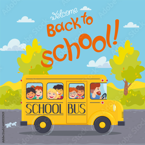 Happy chlidren go to the school in a yellow bus on autumn nature backdround. Back to school poster. Vector illustration, kids characters, cartoon. Banner, card, invitation, advertizing photo