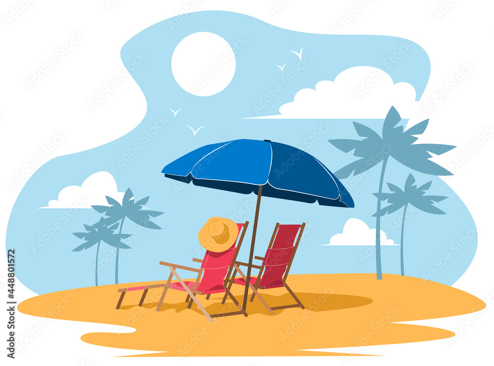 Sunny beach with sun loungers. Vector flat illustration