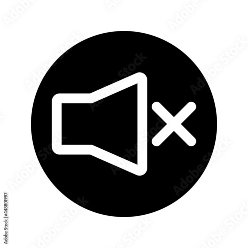 Speaker off, round icon. Mute. Forbidden sound. Glyph icon of a speaker for your web site design, logo, app, UI, webinar, video chat, ect. Vector