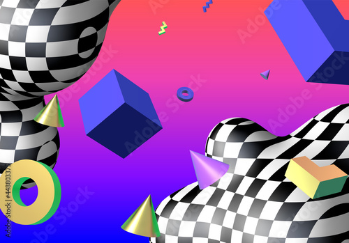 Abstract background with flying colorful 3D geometric shapes over vibrant gradient backdrop. Lush and bold colored abstraction with checkered shape in 90s style.