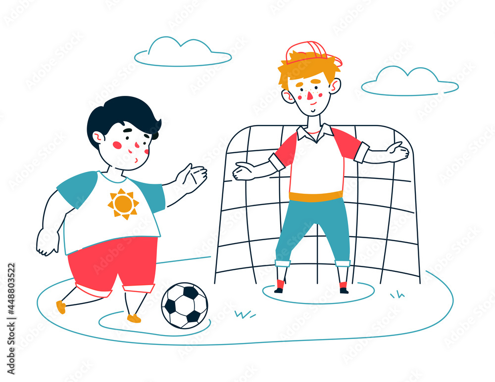 Children playing football - colorful flat design style illustration with line elements Children playing football - colorful flat design style illustration with line elements
