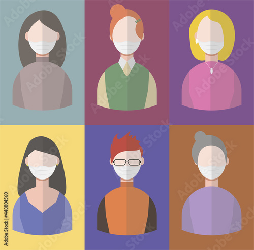 Minimalistic images of people in white medical masks, woman face icon, flat illustrations avatars, set of 6 images