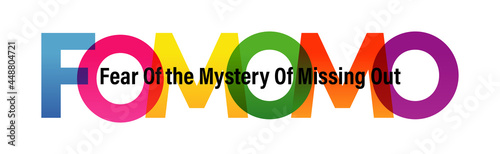 FOMOMO word vector illustration. Fear of the Mystery of Missing Out. Colored rainbow text. Vector banner. Corporate concept. Gradient Text. Transparency Letters. Vector illustration