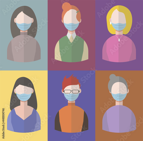 Minimalistic images of people in blue medical masks, female face icon, flat avatars with illustrations, set of 6 images