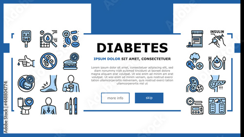 Diabetes Treatment Landing Web Page Header Banner Template Vector. Blood Sugar Measurement And Control, Insulin Syringe And Pills, Eat Healthy Food And Drink Water Illustration