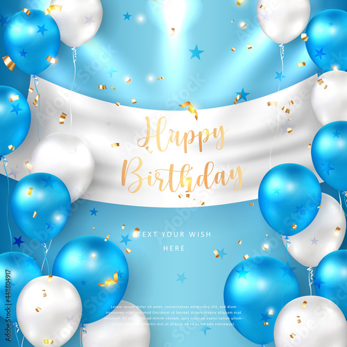 Elegant golden blue silver white ballon and cloth Bunting party popper ribbon Happy Birthday celebration card banner template