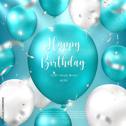 Elegant golden peacock blue silver white ballon and party popper ribbon Happy Birthday celebration card banner template