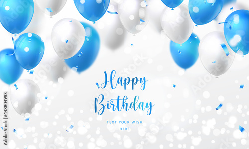 Elegant golden blue silver white ballon and party popper ribbon Happy Birthday celebration card banner template