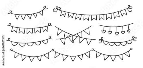 Set of hand drawn holiday buntings. Doodle birthday garland of flags. Children doodle drawing. Isolated vector illustration on white background.