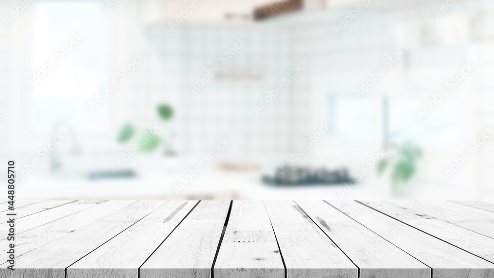 Empty wood table top on blurred kitchen counter background - can be used for display or product display concept. Empty wood table top on blurred kitchen counter background - can be used for display or product display concept.