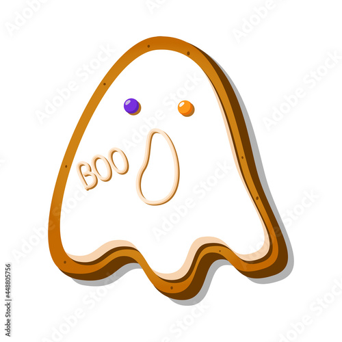 Halloween gingerbread cookies in the shape of spooky ghost with icing isolated on white background. Festive homemade cookies. Vector illustration