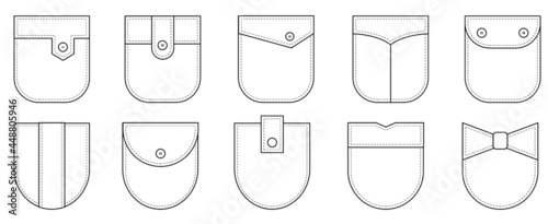 Patch pocket. Set of uniform patch pockets shapes for clothes, dress, shirt, casual denim style. Isolated icons.