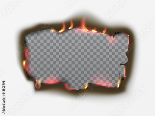 Realistic Burnt hole in paper with fire and black ash.