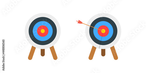 Archery dartboard with and without arrow hitting goal ring. Achieving target strategy idea. Business success plan concept. Vector cartoon illustration.
