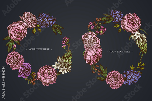 Dark Floral Wreath of peony, carnation, ranunculus, wax flower, ornithogalum, hyacinth