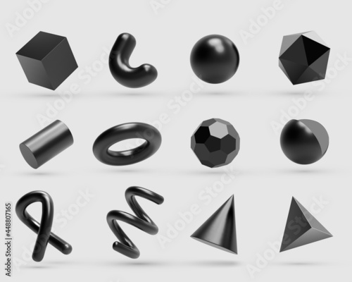 Realistic 3D black metal Geometric Shapes Objects. Realistic geometry elements isolated on white background with metallic color gradient.
