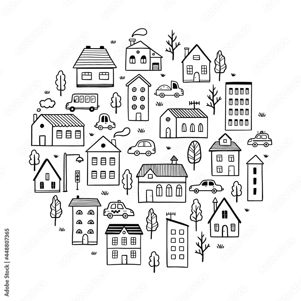 Hand drawn cute house. Doodle sketch style town. House building with roof. Vector illustration for village, city background.