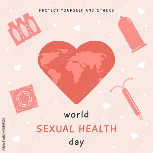 World Sexual Health Day Greeting Card. Contraception products and world map in heart. Contraceptive methods. Birth control. Sex education banner. Vector illustration in flat cartoon style.