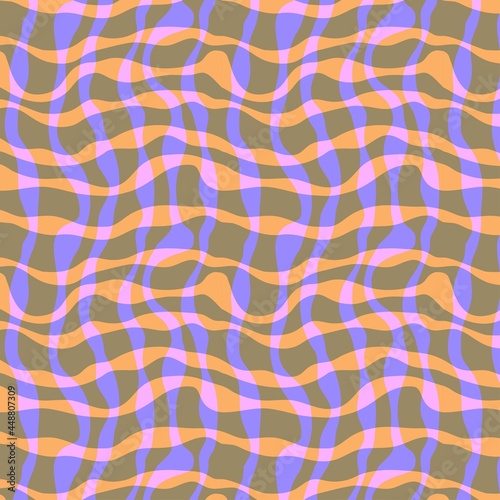 Seamless pattern with wavy abstract lines, checkered background plaid with crossing hand drawn wavy brush strokes