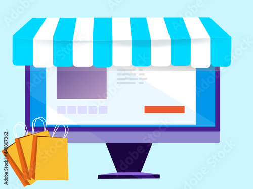 Electronic store. Computer representing online shopping with bags aside
