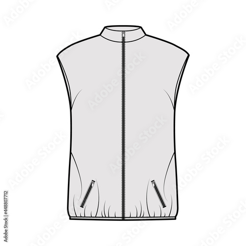 Down vest puffer waistcoat technical fashion illustration with stand collar, zip-up closure, pockets, oversized, hip length. Flat template front, grey color style. Women, men, unisex top CAD mockup