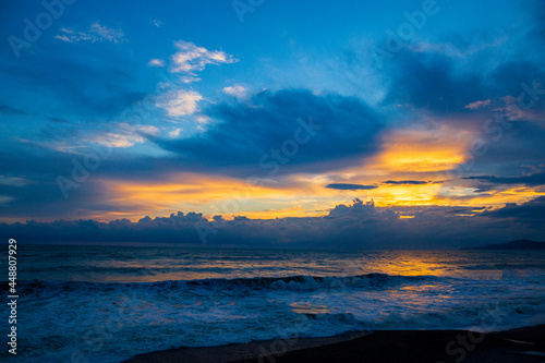  Beautiful sunset over the sea during a storm