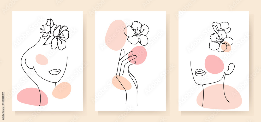 A set of various abstract faces and shapes with flowers. Portrait of a woman in a fashionable minimalism style, outline with a black line. Vector for a poster, cover, flyer or wall decor.