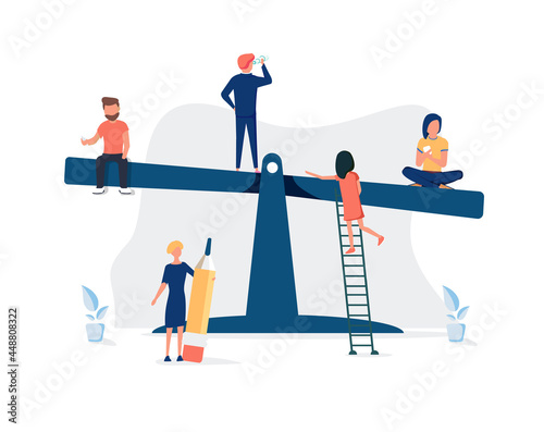 Vector illustration of groups of people on a swing and outweighs them, the concept of overweight, cost, power.