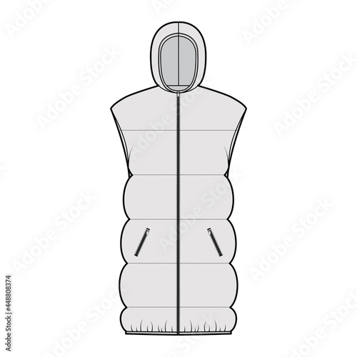 Down vest puffer Hooded waistcoat technical fashion illustration with sleeveless, pockets, hip length, wide quilting. Flat template front, grey color style. Women, men, unisex top CAD mockup