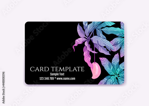 Plastic debit or credit  pass  discount  membership card template with tropical plants in neon color on black background. Vector illustration.