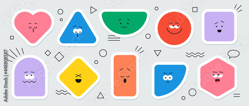 Vector geometric stickers with different face emotions. Cute cartoon characters of heart, triangle, circle, square, rhombus, rectangle and hexagon, colorful various figures.